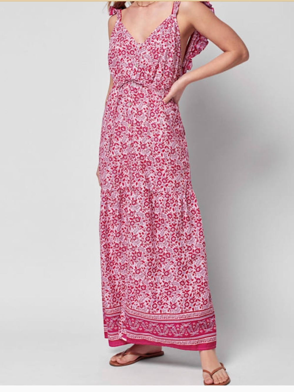 Faherty Hyland Pink Red Floral Ruffle-Strap Maxi Dress Organic Cotton Low Back